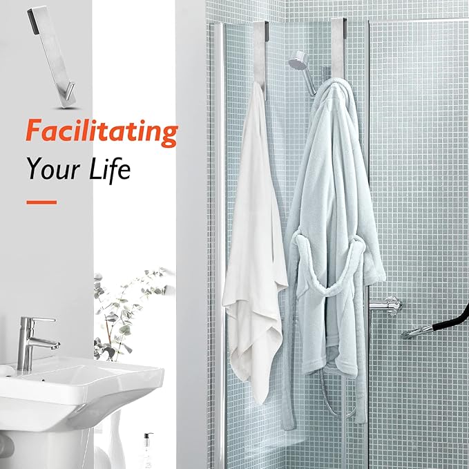 Kontoyo Shower Door Hooks (7.5 Inch), Extended Over Door Hooks for Bathroom Frameless Glass Shower Door, Stainless Steel Towel Hooks, Heavy Duty Rack Hooks for Robe, Towel - 2 Pack - Silver