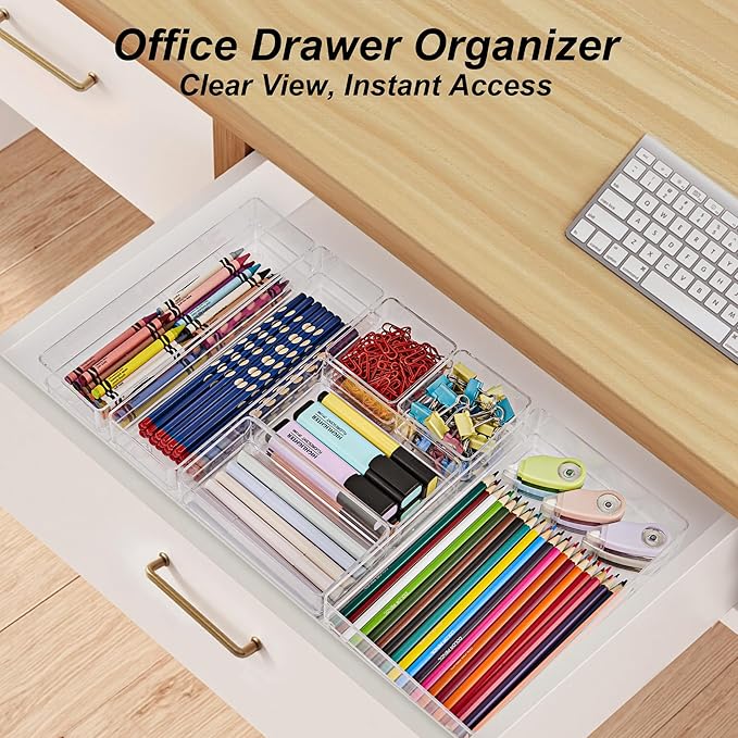 SMARTAKE 25-Piece Drawer Organizer with Non-Slip Silicone Pads, 4-Size Desk Drawer Organizer Trays Storage Tray for Makeup, Jewelry, Utensils in Bedroom Dresser, Office and Kitchen (Clear)