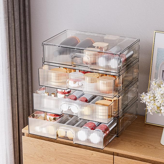 ZHIAI Stackable Storage Drawer, 4 Piece Acrylic Organiser for Cosmetics and Beauty Products, Suitable for Dressers, Bathrooms, Cabinets, Storage Rooms, Bedrooms and Home Organisers