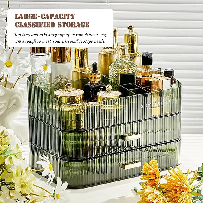 Makeup Organizer with Drawers, Stackable Cosmetics Organizer, Large Make Up Organizer Storage Box, Ideal for Bathroom Countertop and Desk (1 x Tray, Green)