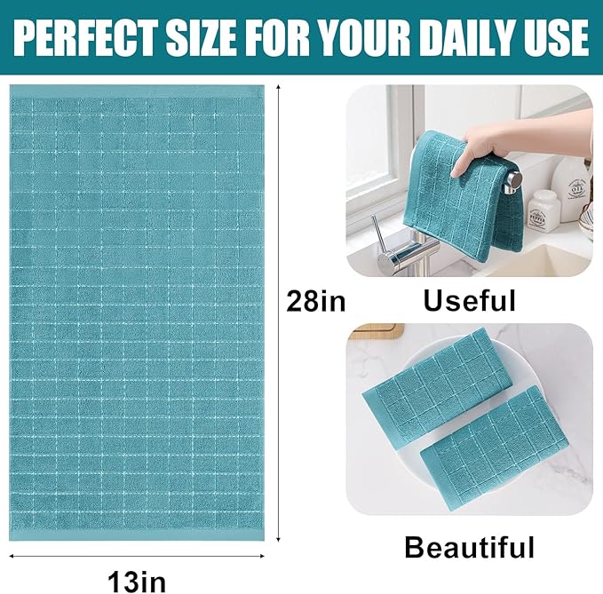 Homaxy 100% Cotton Terry Kitchen Towels(Lake Blue, 13 x 28 inches), Checkered Designed, Soft and Super Absorbent Dish Towels, 12 Pack