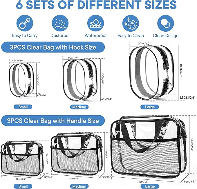 XEWEA Clear Travel Toiletry Bags & Small Electronic Accessories Organizer Case, 6 PCS TSA Approved Transparent Makeup Bag for Women Men, Waterproof PVC Quart Pouch with Zipper for Airline Essentials