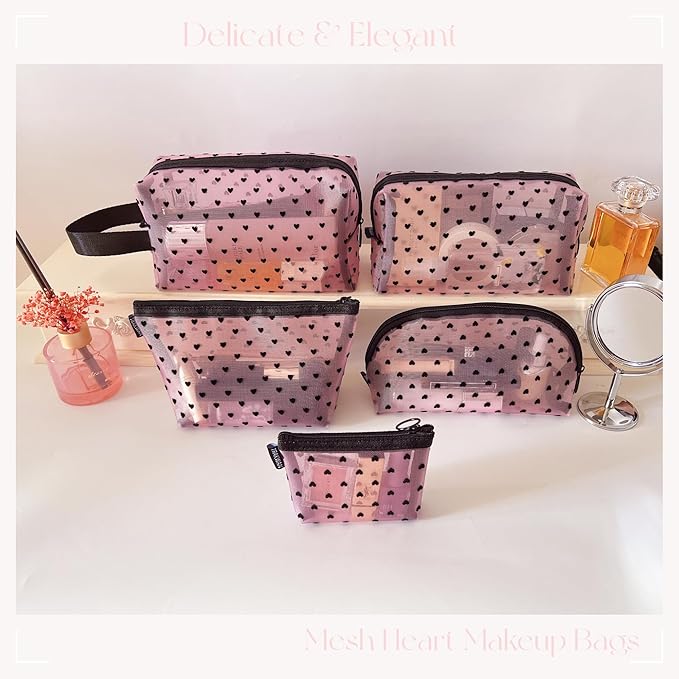 5 Pieces Mesh Heart Makeup Bags Sets, Zipper Mesh Cosmetic Bag Toiletry Bag, Travel Makeup Bags for Women, Small Items Storage Organizer Bags for Home Office Travel (Pink)