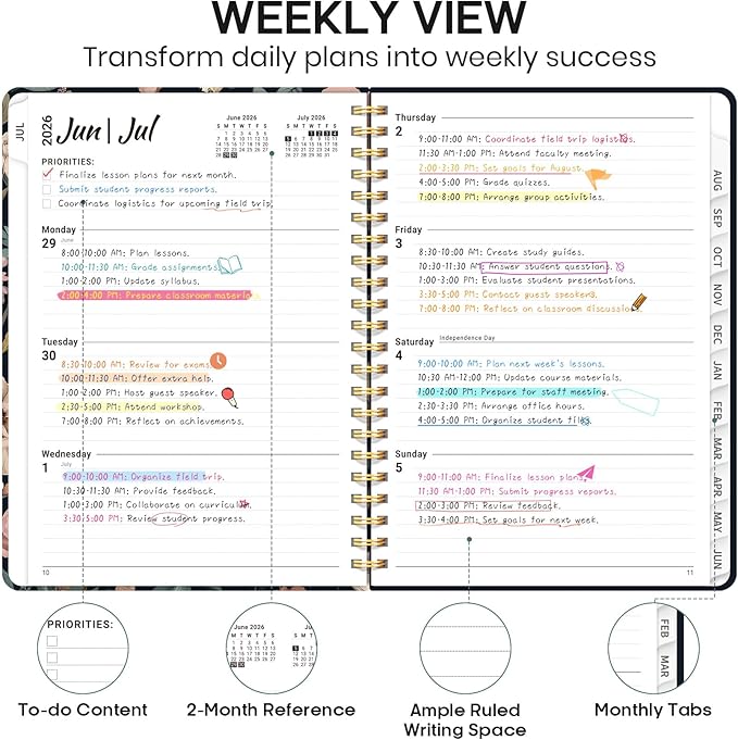 Academic Planner 2026-2027, Weekly and Monthly Calendar Book, July 2026 – June 2027, Hardcover Planner with Tabs, Perfect for Teachers, Students, Women & Men, A4 (8.5" x 11") - Evening Petals