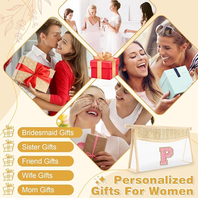 Small Boho Straw Initial Letter Makeup Bag Personalized Gift ,Cute Clear Chenille Patch Makeup Bag With Zipper,Trendy TSA Approved Travel Toiletry Bag,Gift for Women Girls Birthday Friend, Letter P