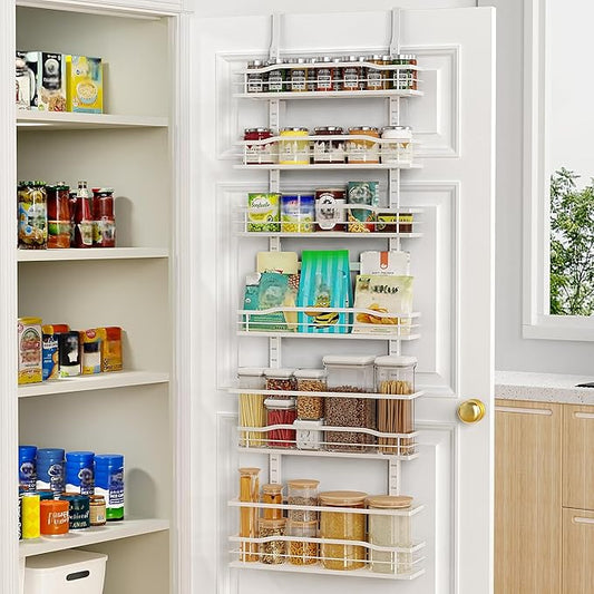 Moforoco White 6-Tier Over-the-Door Pantry Organizer, Pantry Organization Storage, Door Metal Hanging Spice Rack Basket Shelves, Home Kitchen Apartment Essentials, Laundry Room Bathroom Organization