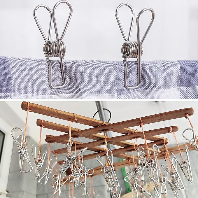 100 Pcs Clothespins Laundry Chip Clips - Durable Stainless Steel Clothes Pins,Heavy Duty Clamp Metal Wire Clothes Pegs with One Storage Bag & 2 Hooks,for Outdoor Clothesline Home Kitchen Office