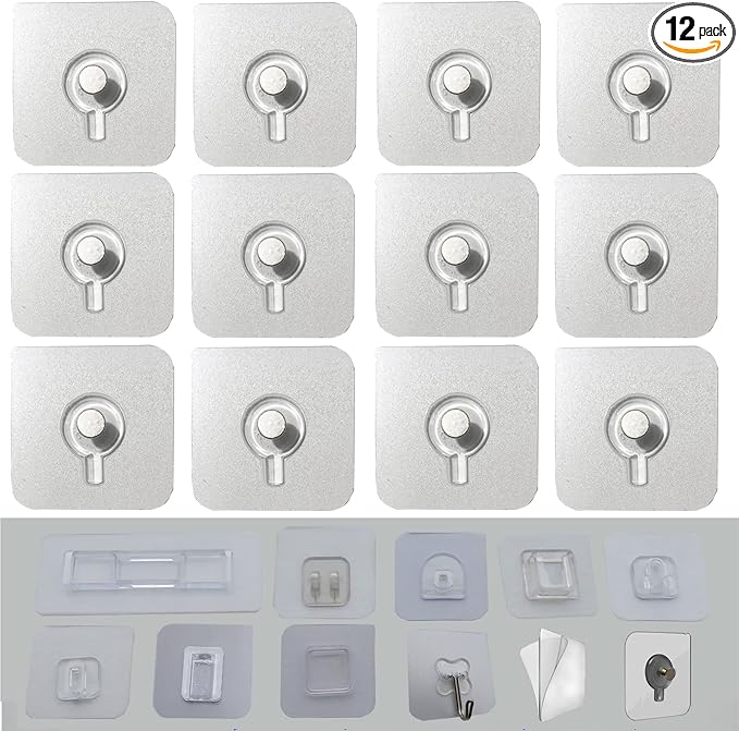 12 PCS Wall Mounted Replacement Sticky Pads for Kitchen Bathroom Shower Caddy Organizer Rack Holder Nail Free Adhesive Hooks (No Trace Nails)