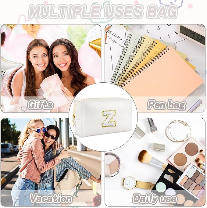 Gifts for Girls Initial Makeup Bag Personalized Cosmetic Bag with Zipper Cute Travel Toiletry Bags Waterproof PU Preppy Makeup Pouch Birthday Gift for Teen Girls Women(White Z)