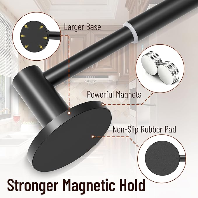 Magnetic Towel Bar, Adjustable Towel Rod with Larger Magnetic Base & Hidden Magnet Design, Non-Slip Magnetic Towel Holder for Refrigerator, Dishwasher, Oven, Washer (Matte Black, 2Pack)