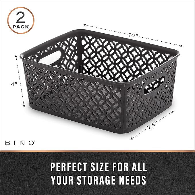 BINO l Plastic Storage Baskets, Medium - Grey | THE BLOSSOM COLLECTION l Multi-Use Organizer Bin l Built-in Handles l Plastic Woven Basket for Organizing l Pantry & Home Organizing Basket
