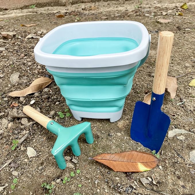 3 Pieces Collapsible Beach Bucket for Kid Toddler,Toddler Outdoor Toys Shovel and Rake Made of Metal for Kids Beach Travel