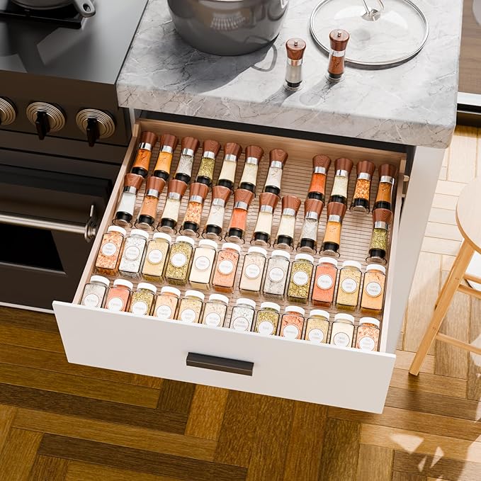 Yieach 8 Pack Adjustable In Drawer Spice Organizer - Expandable From 11" to 22" - Clear Acrylic Seasoning Organizer with Jars for Kitchen Drawer,Horizontal Tiered Kitchen Spice Organization & Tray