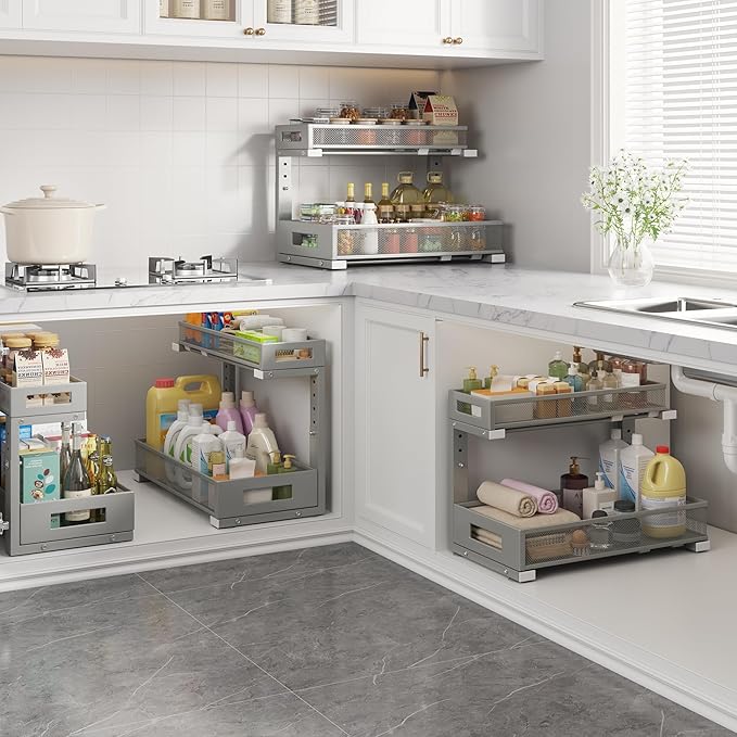 Biboraya 1 Pack 17IN Depth Under Sink Storage Organizer, Large 2-Tier Elegant Mesh Pull Out Shelf for Kitchen and Bathroom Cabinet Organization, L-Shaped and Adjustable Height Design-Gun Gray