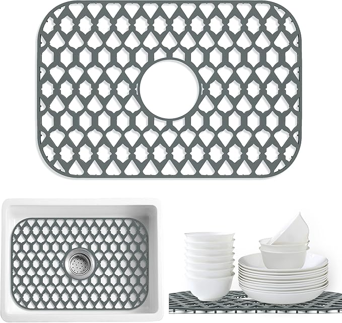Sink Protectors for Kitchen Sink, Kitchen Sink Accessory - Silicone Mats Grid for Stainless Steel Strainer Bottom of Farmhouse Porcelain sinks (19”x13”, Center Drain)