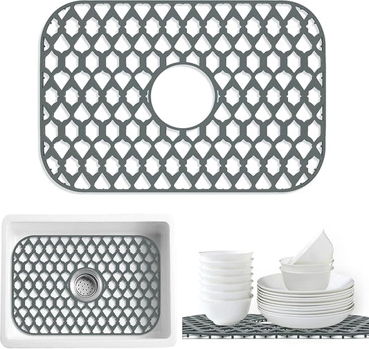 Sink Protectors for Kitchen Sink, Kitchen Sink Accessory - Silicone Mats Grid for Stainless Steel Strainer Bottom of Farmhouse Porcelain sinks (19”x13”, Center Drain)