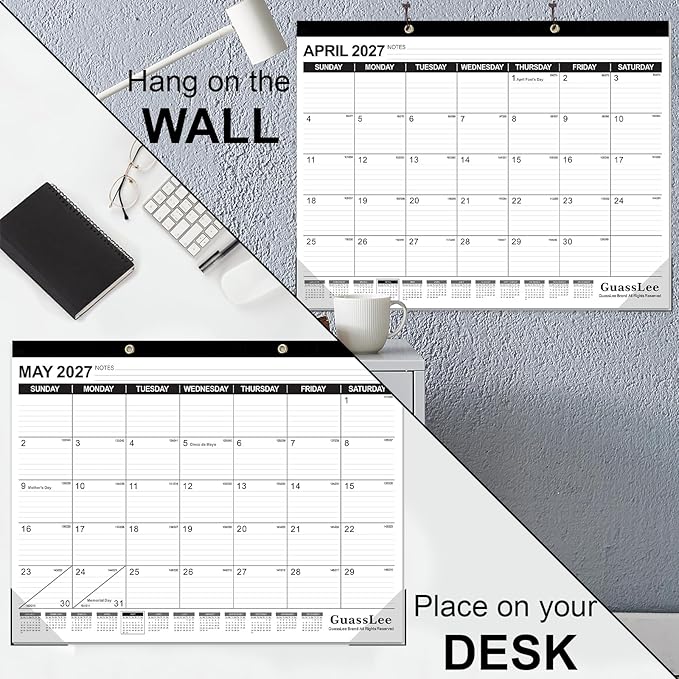 GuassLee Large Desk Calendar 2026-2027,19 Months from Jun. 2026 to Dec. 2027, 22 x 17 Inches Desktop Wall Calendar Hanging Planner with Julian Date, Notes, Corner Protectors for School Home Office