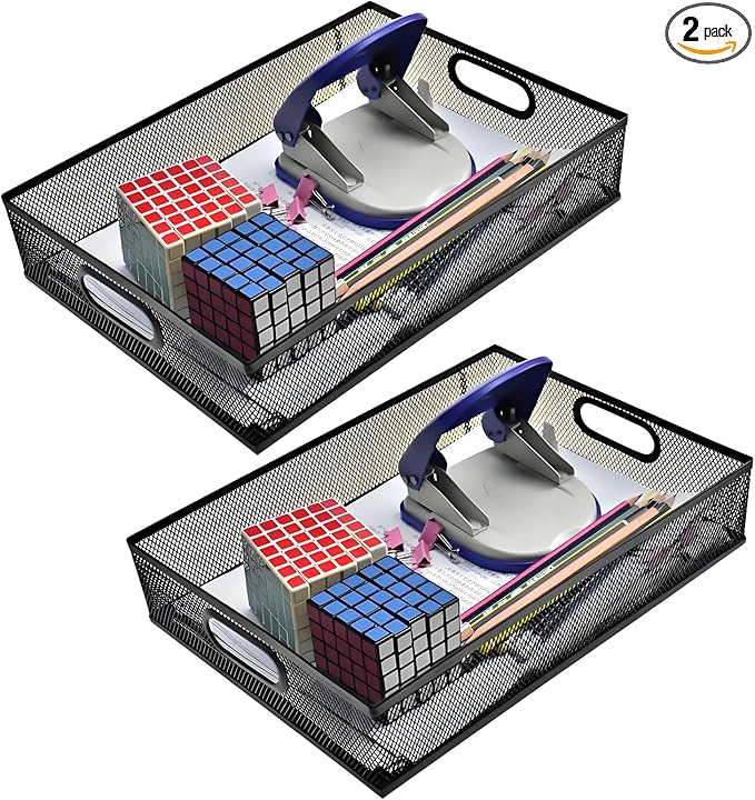 2 Pcs Heavy-Duty Metal Mesh Desk Organizer Tray, A4 Large Office Storage Box Set, 12.6X 9.1 x 2.8Inches, Large Capacity for Home and Office Supplies, and Christmas Ornament Storage Box