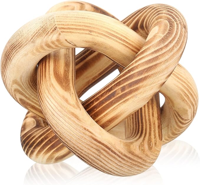 3 Link Wood Knot Decor - Hand Carved Coffee Table Decoration, Boho Chain Link Decor, Modern Shelf, Rustic Objects for Home Living Room Bedroom (Burnt)
