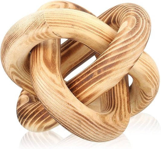 3 Link Wood Knot Decor - Hand Carved Coffee Table Decoration, Boho Chain Link Decor, Modern Shelf, Rustic Objects for Home Living Room Bedroom (Burnt)