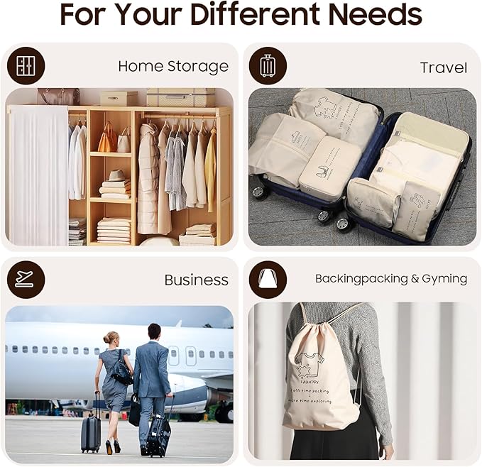 SKYREH 8 Set Travel Packing Organizers - Luggage Organizer for Suitcase Organization with Hanging Toiletry, Shoe & Laundry Bags, Packing Cubes for Travel Essentials, Cute Gifts for Women, Beige