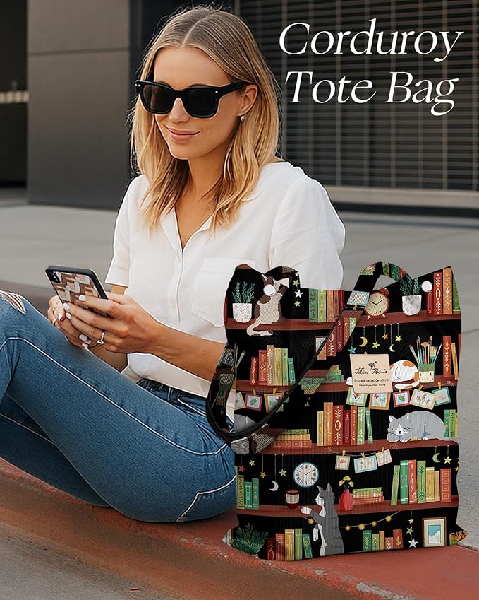 Miss Adola Corduroy Tote Bag for Women - Reusable Totes with Pocket & Buckle Cute Aesthetic Shoulder Bag for Work Travel