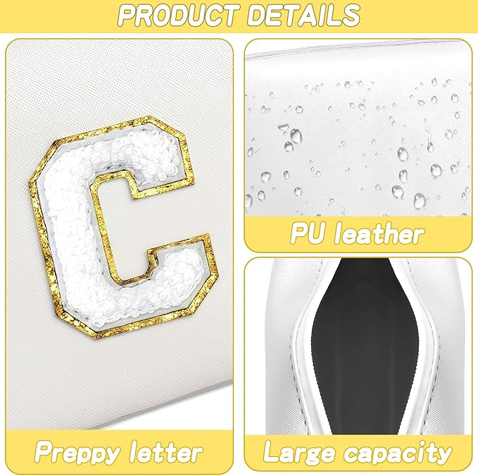 Gifts for Girls Initial Makeup Bag Personalized Cosmetic Bag with Zipper Cute Travel Toiletry Bags Waterproof PU Preppy Makeup Pouch Birthday Gift for Teen Girls Women(White C)