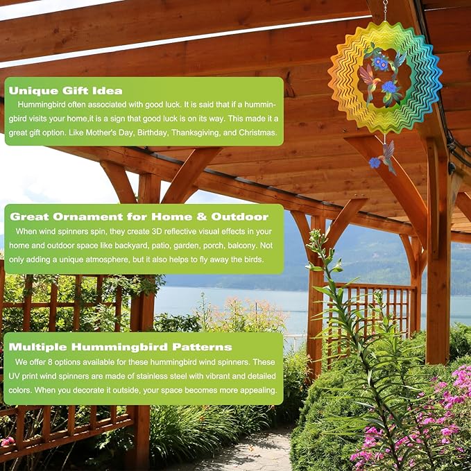 Wind Spinners - 12 Inches Hummingbird Wind Sculptures, 3D Reflective Metal Wind Spinner for Yard and Garden, Home, Outside, Patio Decor, Gifts for Daughter, Mom, Grandma's Birthday, Cyan Yellow