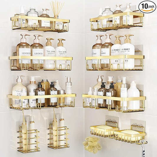 10 Pack Shower Caddy Organizer Rack Shelf for Inside Shower, Self Adhesive Wall Storage Basket Rustproof Stainless Steel Shampoo Holder Bathroom Accessory Decor Set, Gold