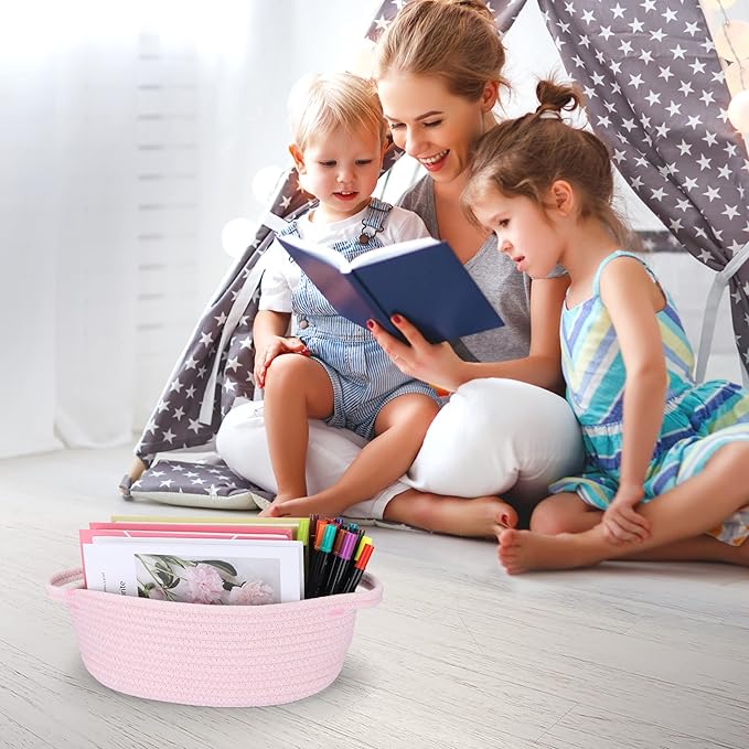 Small Woven Basket Cute Oval Cotton Rope Gifts Basket with Handle Empty Baby Wicker Storage Basket nursery Box Bin kids organizer Cat Dog toy basket Easter Basket light pink