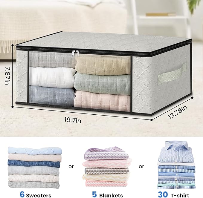 HomeHacks Storage 3-Pack Clothes Organizer Storage Bags Foldable Storage Box with Large Clear Window Sturdy Handles for Closet, Dorm, Pillows, Bedding, Clothes, Blankets, 35L, Ivory