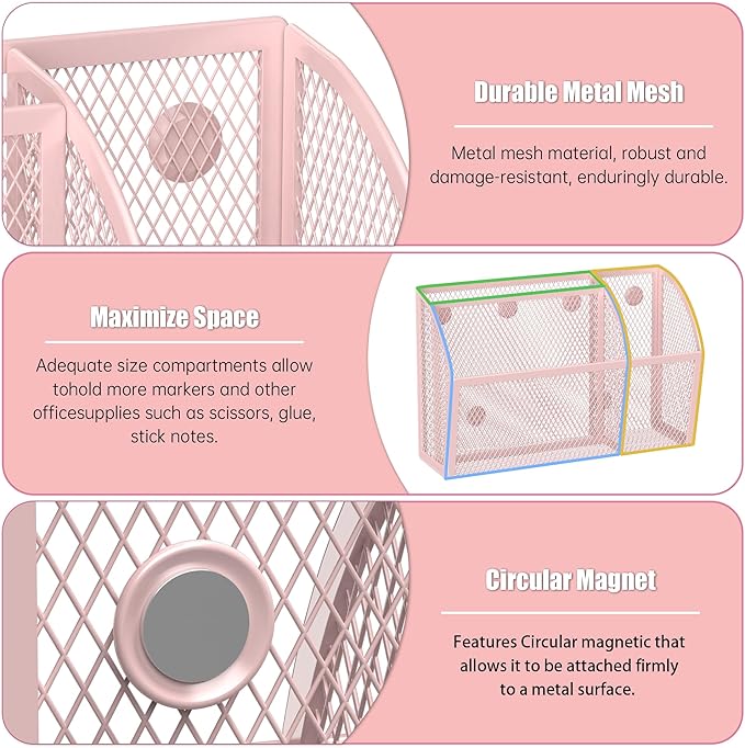 YINGHUA Strong Magnetic Pen Holder for Whiteboard and Refrigerator 3 Compartments Metal Mesh Organizer Space Saving Shelf for Office School Home and Locker - Pink