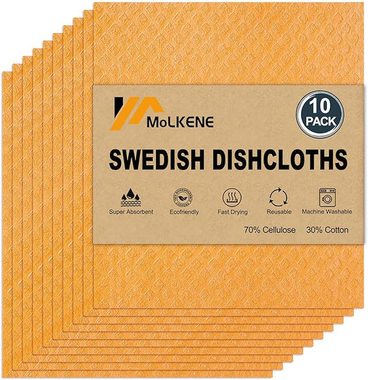 MoLKENE Swedish Dishcloths - 10 Pack Reusable Kitchen Dishcloths - Ultra Absorbent Dish Towels for Washing Dishes - Cellulose Sponge Cloth Cleaning Cloths - Orange