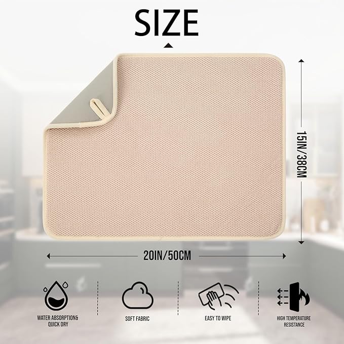 VESHE 2 Pack Microfiber Dish Drying Mat for Kitchen Counter,Ultra Absorbent Dish Drainer Mat ,Dish Drying Pad ,Dish Rack Mat 20×15 Inch (Beige)