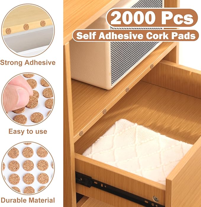 2000 Pcs 3/8 Inch Self Adhesive Cork Pads Cabinet Door Bumper Cabinet Door Protector Cabinet Sticker Dots Chair Leg Pads Cork Rounds Bulk 0.02" Thick for Coaster Plants Crafts Drawer Table Kitchen