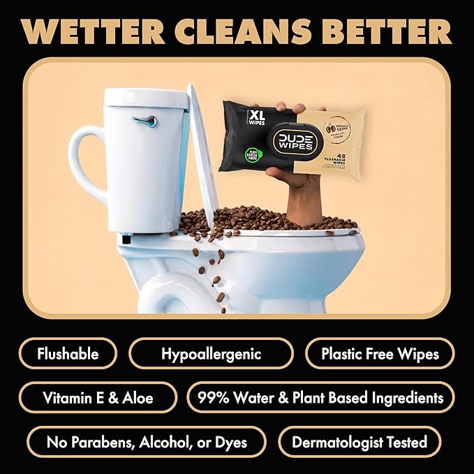 DUDE Wipes Morning Grind Flushable Wipes - Coffee Scented Extra-Large Adult Wet Wipes - 3 Pack (144 Count) - Infused with Coffee Oil, Vitamin E, and Aloe - Septic and Sewer Safe