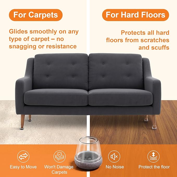 Chair Leg Floor Protectors for Hardwood Floors – Smooth Nylon Base Won’t Trap Cat or Dog Hair, Clear Silicone Caps No Scratch & Silent on Carpet & Tile (32 Pack, Fits 3/4" to 1")