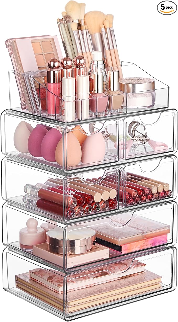 Vtopmart 5 Tier Clear Makeup Organizer with Drawer, Cosmetic Storage for Dresser Countertop and Bathroom Vanity, Beauty Holder for Lipstick Brush Skincare