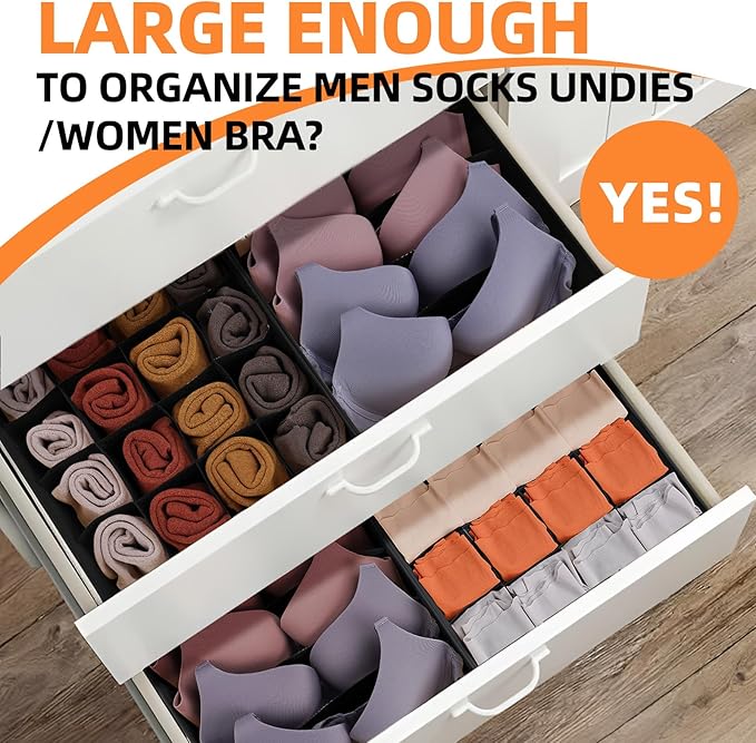 Criusia 6 Pack Sock Underwear Drawer Organizer Dividers - Dresser Organizer for Baby Clothes - Closet Organizers and Storage for Bedroom Essentials for Dorm Room/New Home/Apartment (Black)