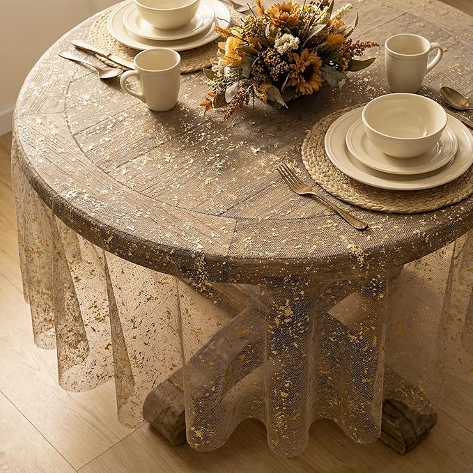Horaldaily Coffee Gold Gauze Tablecloth 60x60 Inch Round, Golden Sequin Glitter Metallic Foil, Sheer Tulle Cheesecloth for Wedding Baby Shower Ceremony Birthday