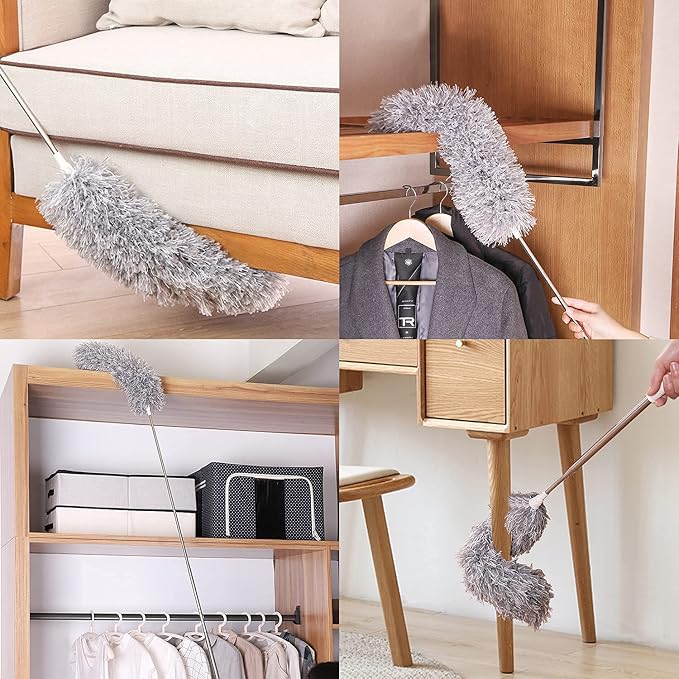 Dusters for Cleaning High Ceiling Fans, Newliton Microfiber Feather Duster with 30'' to 100'' Telescoping Extension Pole, Long Extendable Duster for Home, Car, Furniture, Cobweb, Gray