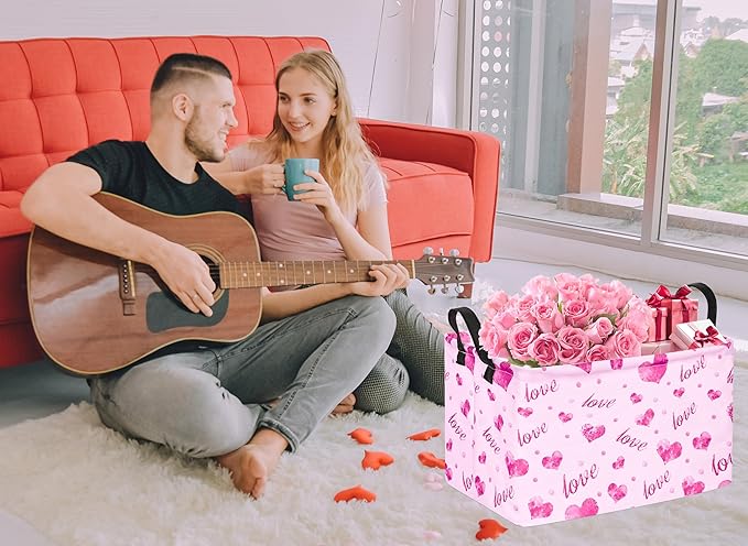 Rec Heart Print Box Hamper Storage Basket Collapsible Organizer Bin Gift Shelf Baskets for Home and Kitchen Storage