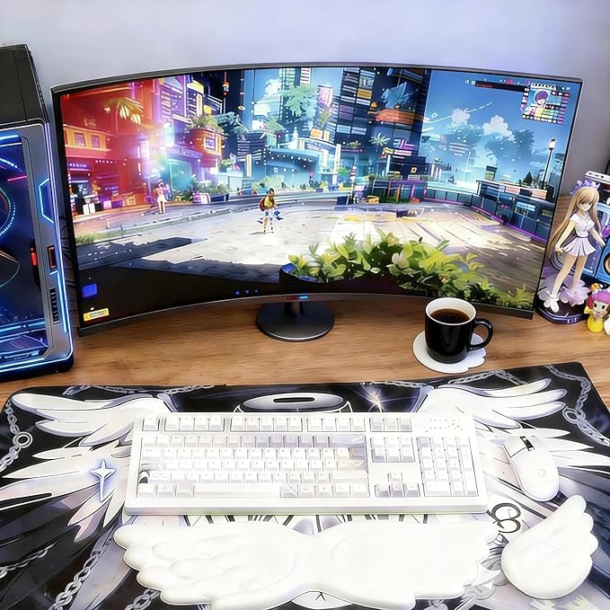 Angel Wing Wrist Rest Ergonomic Memory Foam Wrist Rest for Computer Keyboard Mouse Set, Cute Gaming Keyboard Cushion Hand Support PU Leather Surface Anti-Slip Waterproof White Angle Wing with Cup Mat
