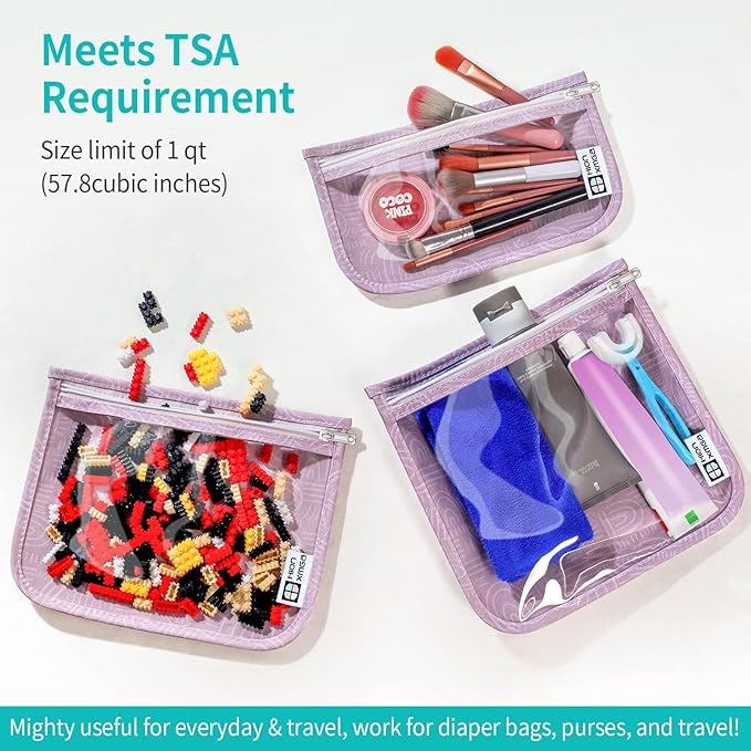 TSA Approved Toiletry Bag, Set of 3 Clear Travel Toiletry Bag Quart Size Zipper Travel Pouch, Waterproof Makeup Cosmetic Bag for Women Men Kids Toiletries Carry on, Wander