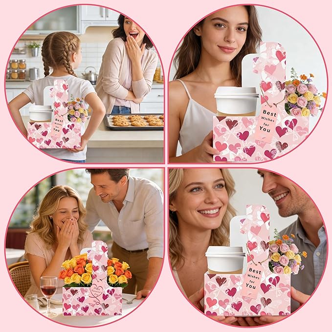 8 Set Drink Carrier,Cardboard Cup Holder with Love, Coffee Cup Holder with Handle,Coffee Carrier with Greeting Card and Ribbon for Valentine's Day Gifts Party Gift,Pink