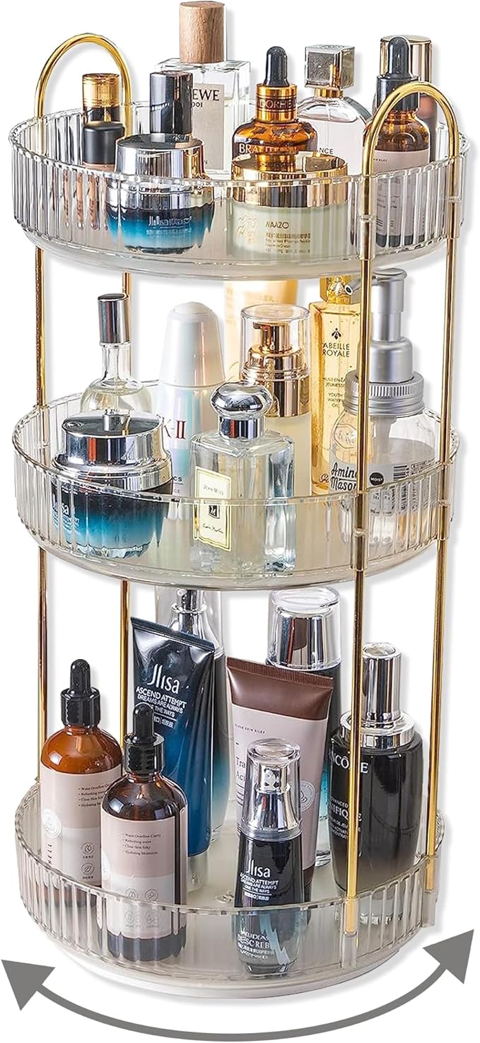 360 Rotating Makeup Organizer, 3-Tier Large Capacity Makeup Organizers and Storage, Skincare Perfume Vanity Organizers, Bathroom Cosmetics Storage Organizer Countertop (Clear-3 Tier)