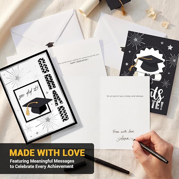 AUDREE Gold Foil Graduation Cards 2026 (5x7) - 12 Pack Grad Design with Envelopes & Stickers Bulk Assortment for College & High School, Congrats Grad Gifts Decorations for Him Her (Printed Messages)