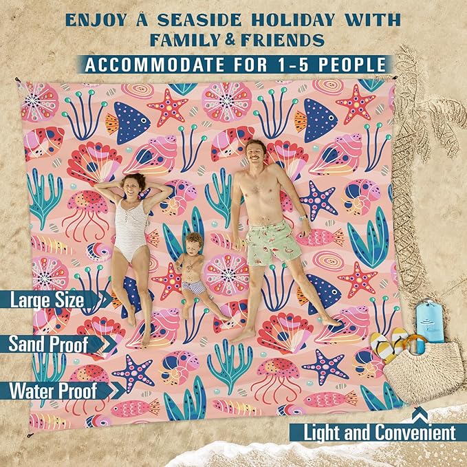 Famstar Beach Blanket Sandproof Waterproof 78''×81''1-5 Adults Oversized,Compact Lightweight Durable Beach Mat for Travel Camping Hiking Picnic Blanket