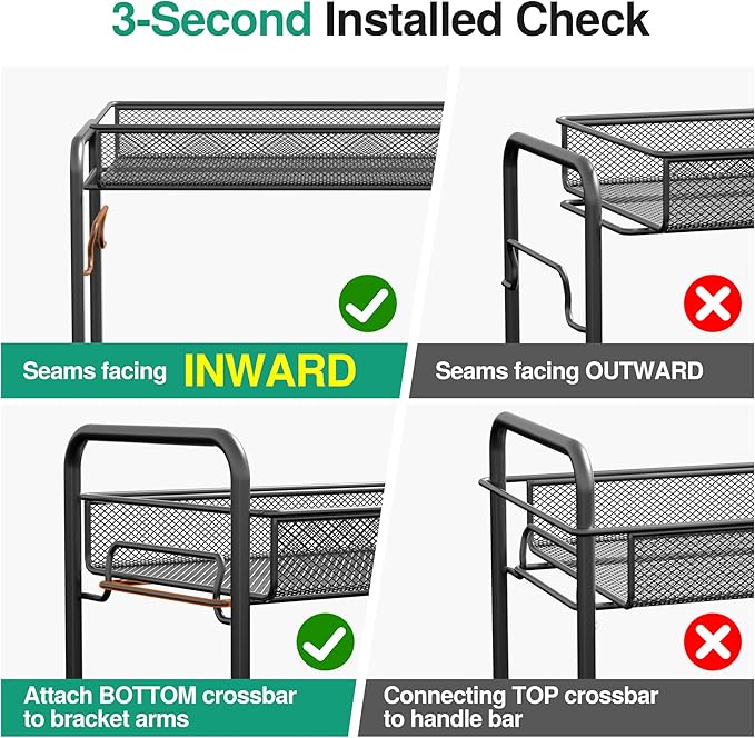 Spice Rack Organizer for Countertop, Xpatee 2-Tier Foldable Metal Rust-Proof Standing Large Seasoning Storage Shelf with Guardrail and Mesh Design for Kitchen Cabinet Bathroom Living Room Pantry, Black