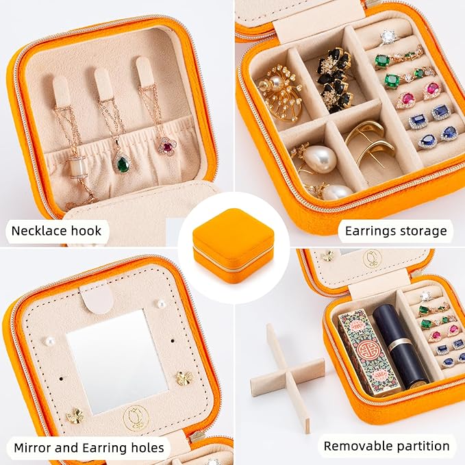 Plush Velvet Travel Jewelry Case Organizer, Small Travel Jewelry Box,Portable Jewelry Box Travel Mini Organizer Portable Display Storage Box For Rings Earrings Necklaces (Orange)